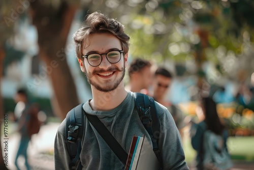 Young man wearing a backpack stands in front of a brick building.