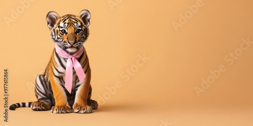 Adorable Tiger Cub with Pink Ribbon on Light Orange Background