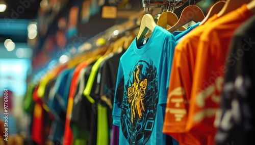 A row of colorful t-shirts on hangers in the sports store, focusing attention on one shirt with an intricate logo design and bright colors Generative AI