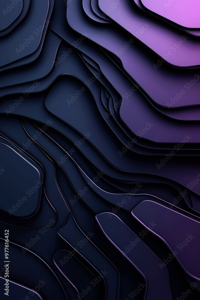 Obraz premium Abstract background with layered, dark, and purple gradient shapes creating a three-dimensional effect. The fluid, organic layers form a visually intriguing pattern.