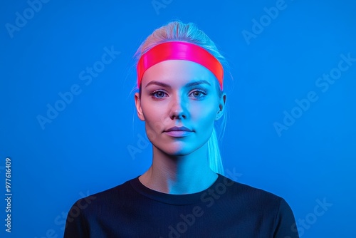 Woman with futuristic glowing headband set against a blue background symbolizing neural connectivity cognitive enhancement and the role of technology in optimizing human performance