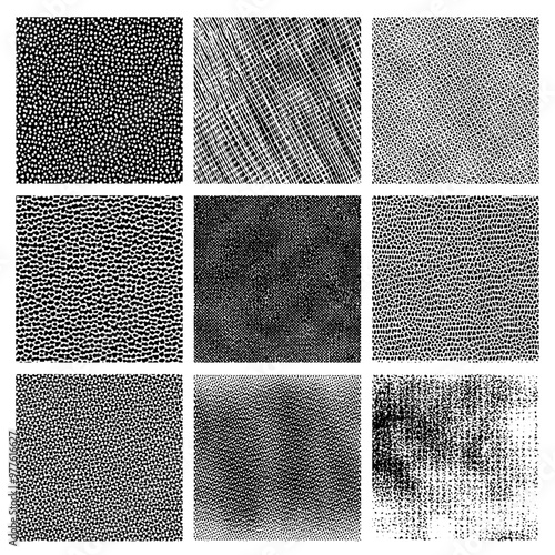 Set of grunge halftone square textures, 9 different distressed overlay textures.