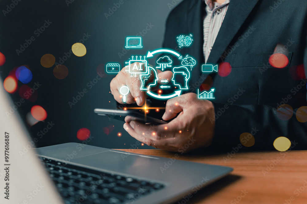 Ai generates creation content concepts. Man's hand use AI icon technology, Marketers education, research, analyze media video streaming online marketing strategies to grow their digital business. Ai generates creation content concepts. Man's hand use AI icon technology, Marketers education, research, analyze media video streaming online marketing strategies to grow their digital business.