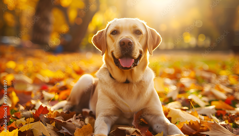 Cute Labrador Retriever dog on fallen leaves in sunny autumn park Cute Labrador Retriever dog on fallen leaves in sunny autumn park
