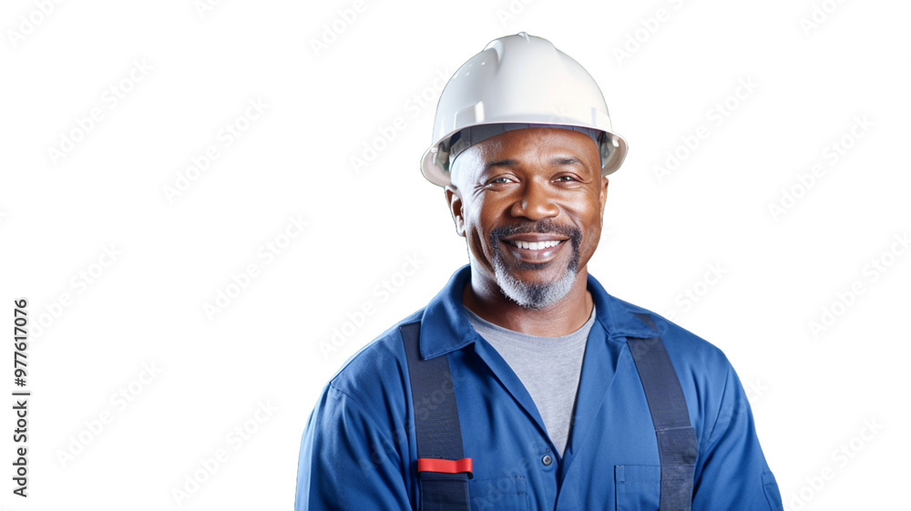 Portrait of smiling African American worker man in helmet on transparent background PNG.
Portrait of smiling African American worker man in helmet on transparent background PNG.