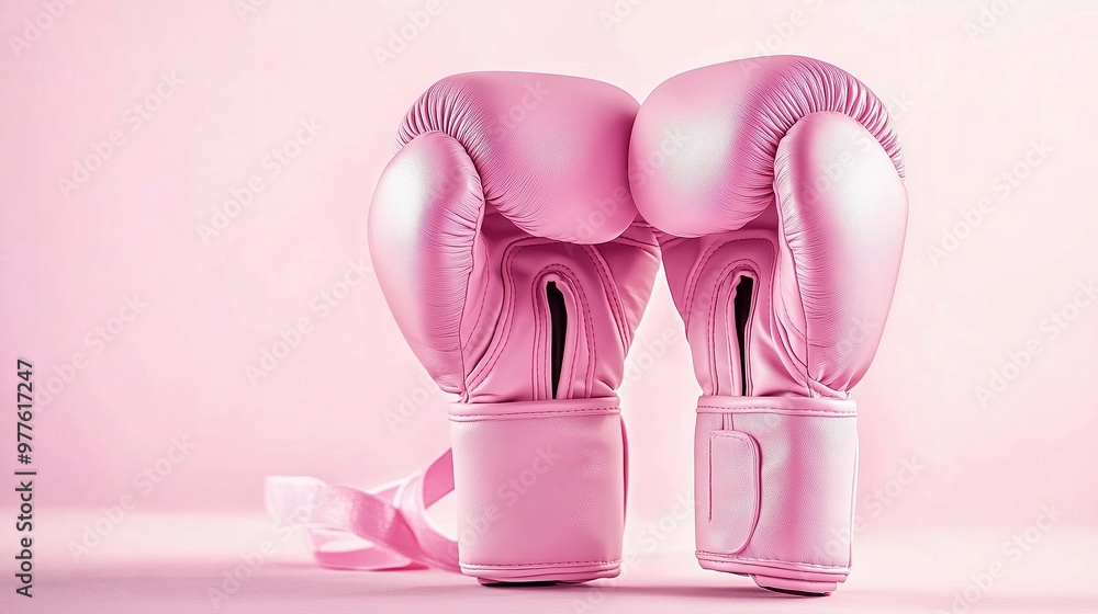 Minimalist composition of pink boxing gloves on a pastel background with ample copy space for text. The matte leather boxing gloves are positioned with space between them, creating a soft and clean ae Minimalist composition of pink boxing gloves on a pastel background with ample copy space for text. The matte leather boxing gloves are positioned with space between them, creating a soft and clean ae