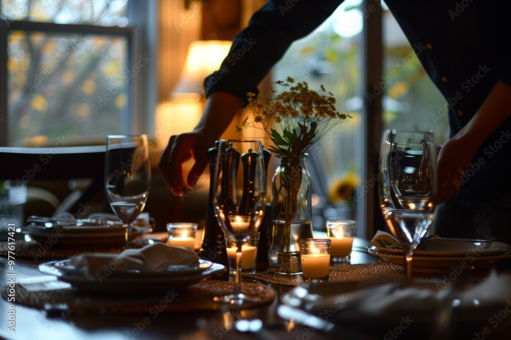 Naklejka premium A person is setting a table with candles and flowers