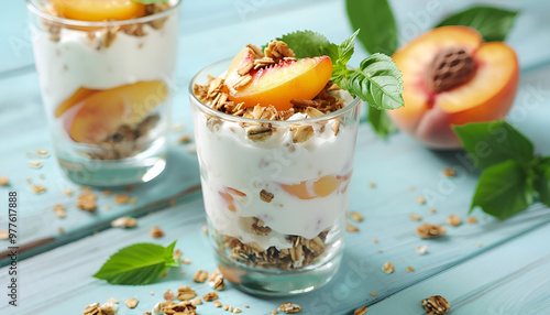 Tasty peach dessert with yogurt and granola on light blue wooden table photo