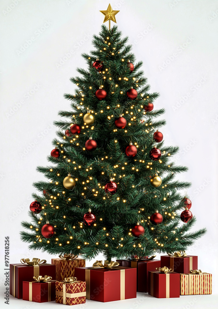 A realistic Christmas tree with presents and red and gold ornaments, isolated on a white background. A realistic Christmas tree with presents and red and gold ornaments, isolated on a white background.