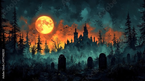 Scary Gothic castle on Halloween night, haunted palace or mansion for dark blue background. Spooky view of old mystery castle and bats in full moon. Horror scene with big gloomy house, fantasy place