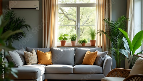 Energy efficient air conditioner with fresh natural in a modern living room.