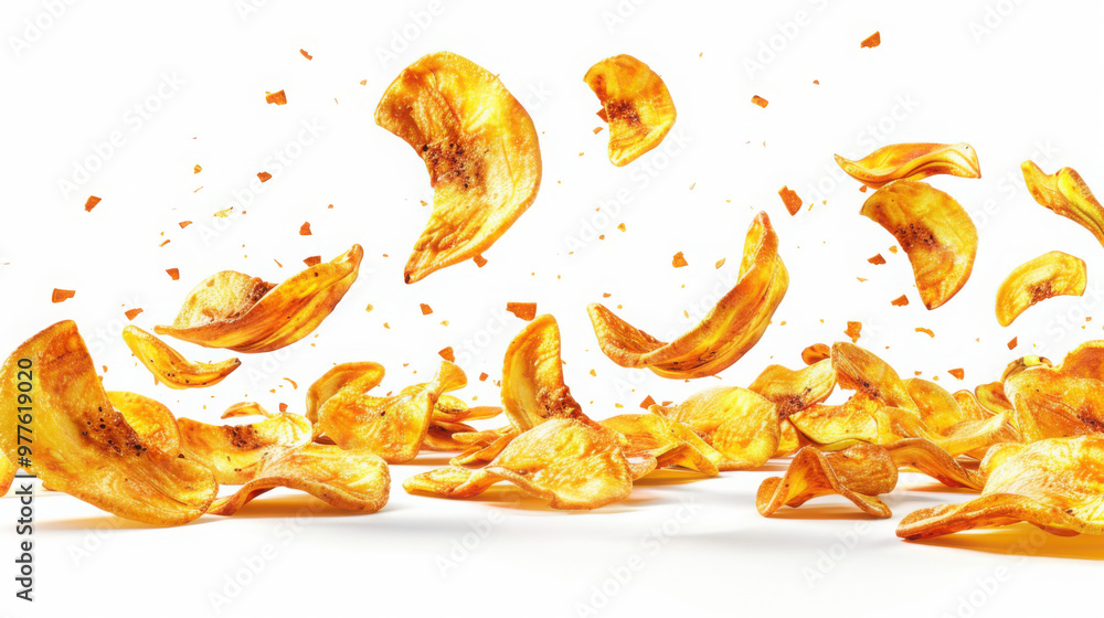 Fototapeta premium Peri Peri Fruit chips, crispy, falling on a plain white background. Hyperrealistic, cinematic and high quality