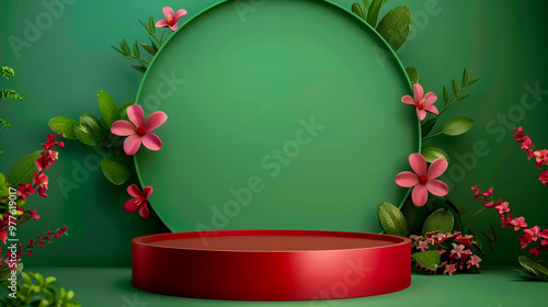 A red podium with a green background for product presentation, featuring a cosmetic display template with ample copy space. photo