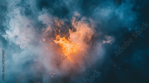 Abstract Fire and Smoke Background, Dark Blue, Orange and White Colors