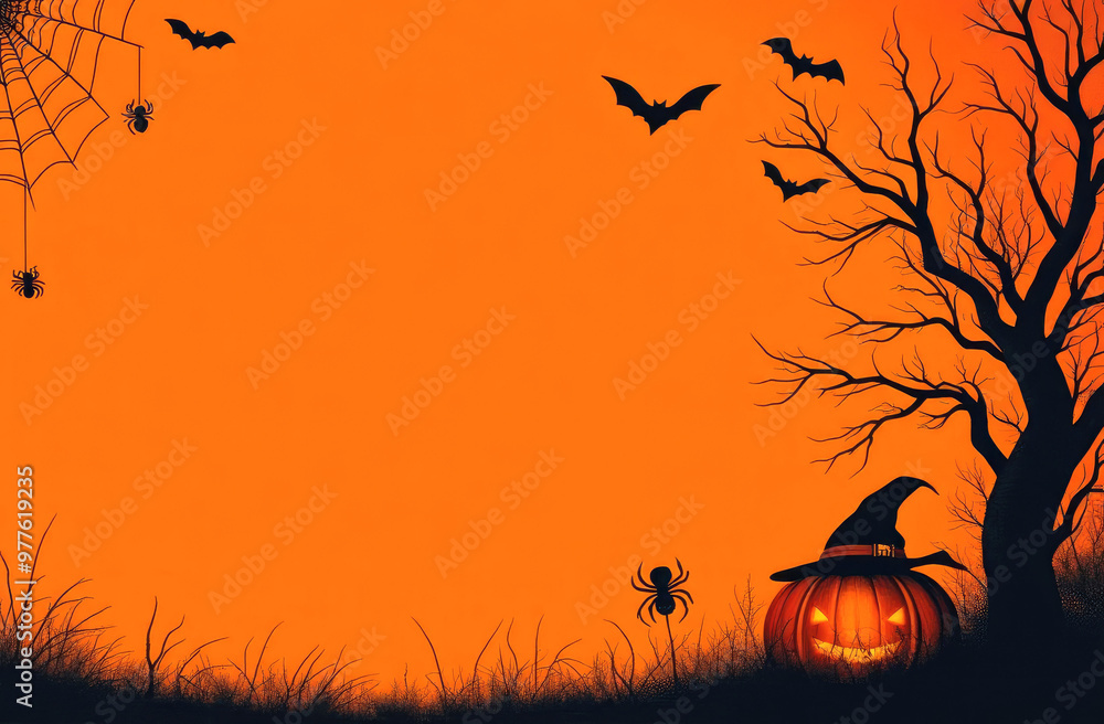Halloween composition with black spiders, web, bats, pumpkin, witch hat on orange background. Halloween composition with black spiders, web, bats, pumpkin, witch hat on orange background.