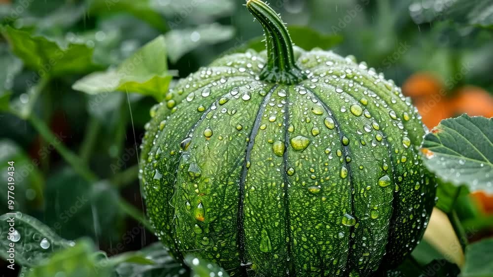 Close-up view of a raindrop-covered pumpkin in a lush garden during the early morning light Close-up view of a raindrop-covered pumpkin in a lush garden during the early morning light
