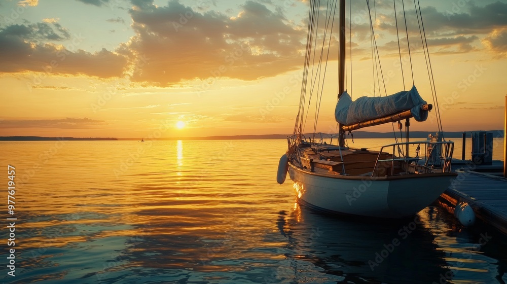 Fototapeta premium Timeless Wooden Sailboat Moored at Sunset