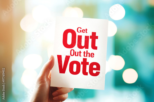 Close-up of a hand holding a flyer with "Get Out the Vote" printed in bold letters, voter outreach, election motivation