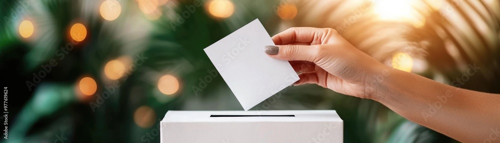 Close-up of a voting box with a hand just above, ready to drop a ballot, vote submission, final decision Close-up of a voting box with a hand just above, ready to drop a ballot, vote submission, final decision