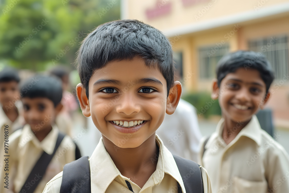 A group of indian children wearing their school uniforms, standing outside a school building, highlighting the importance of education and the vibrancy of youth in India A group of indian children wearing their school uniforms, standing outside a school building, highlighting the importance of education and the vibrancy of youth in India
