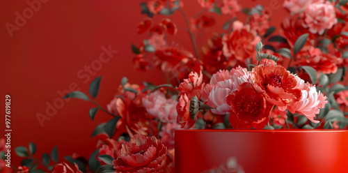 A red podium with a floral background for product presentation, cosmetic display, and mock-up design. photo