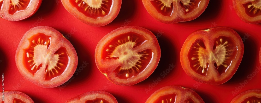Slices of fresh tomato arranged in a visually appealing pattern on a vibrant red background, highlighting natural textures and vivid colors. Slices of fresh tomato arranged in a visually appealing pattern on a vibrant red background, highlighting natural textures and vivid colors.