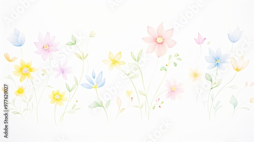 A delicate watercolor illustration of pastel flowers, creating a serene and joyful atmosphere for any creative project.