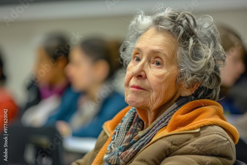 A photo of a senior woman attending a college class