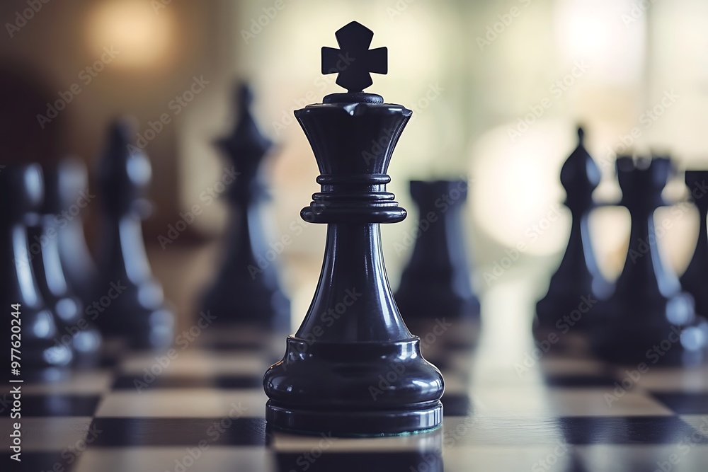 Black chess king piece in the center of the board surrounded by other pieces. Strategy, leadership, and competition concept Black chess king piece in the center of the board surrounded by other pieces. Strategy, leadership, and competition concept