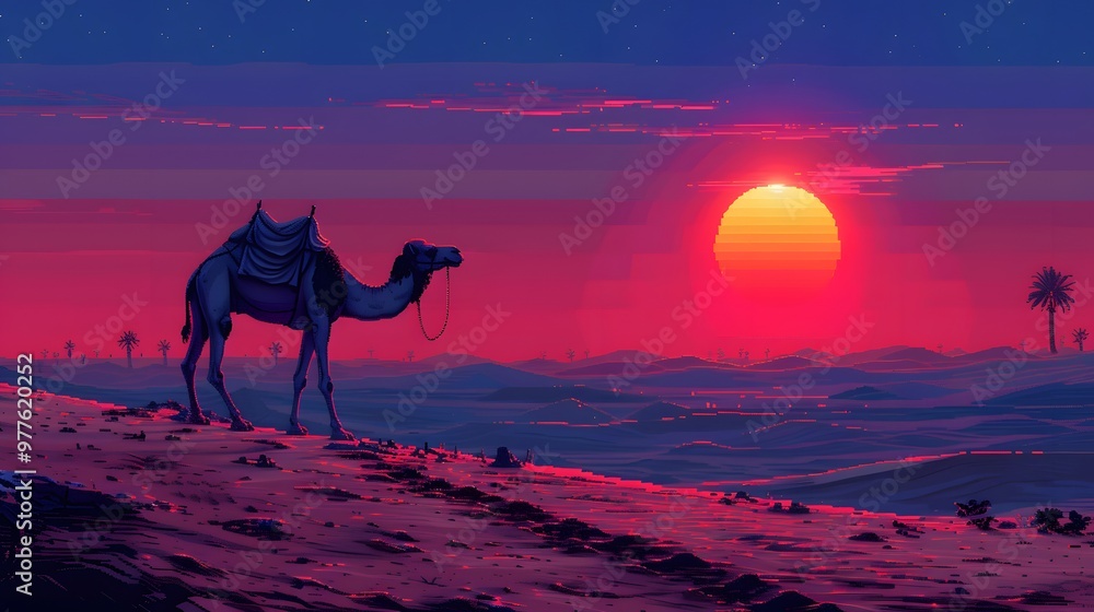 A pixelated camel trekking across a pixelated. AI generated