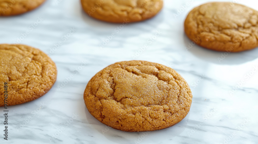 Freshly baked brown sugar cookies on a marble countertop, showcasing their chewy texture and golden-brown color Freshly baked brown sugar cookies on a marble countertop, showcasing their chewy texture and golden-brown color
