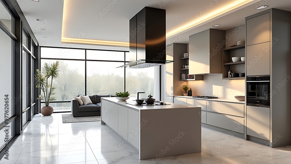 Modern kitchen features sleek cabinetry, a spacious island with bar stools, and large windows that fill the space with natural light. Modern kitchen features sleek cabinetry, a spacious island with bar stools, and large windows that fill the space with natural light.