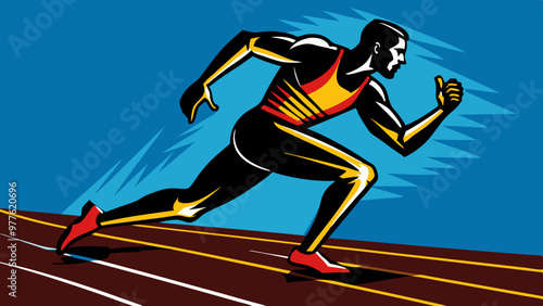 A sprinter is shown in a dynamic pose, preparing to launch off the starting blocks on a track.The athlete is depicted with bold, contrasting colors and strong lines against a vibrant background.AI gen