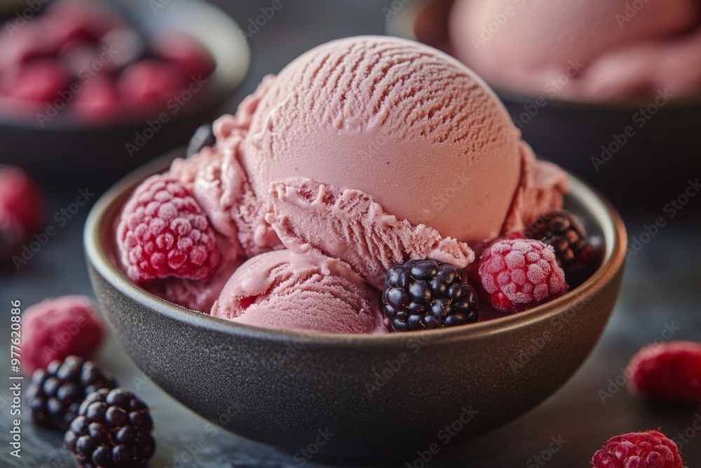 Delicious ice cream with berries in bowl on table, closeup. Delicious ice cream with berries in bowl on table, closeup.