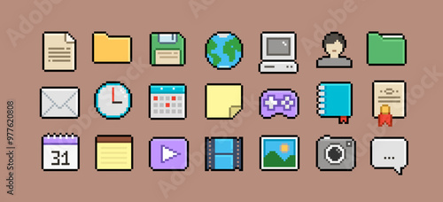 PC interface icons in 90s pixel art style (5). Retro pixel video game style office and organizer App icons set, calendar, gamepad, PC icon, file folder, media player. Editable pixel vector