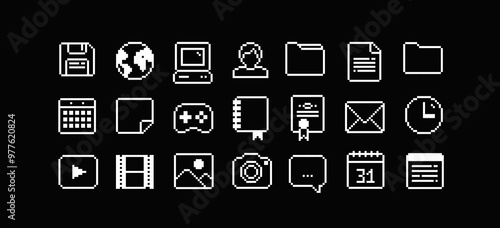 PC interface icons in 90s pixel art style (4). Retro pixel video game style office and organizer App icons set, calendar, gamepad, PC icon, file folder, media player. Editable pixel vector
