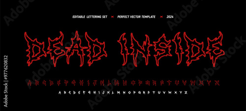Y2k Bloody Dark Lettering vector type font. Grunge style type font with Gothic inscription Dead Inside. Ghotic Bloody font concept. Horror hont type. Rock n Roll style lettering