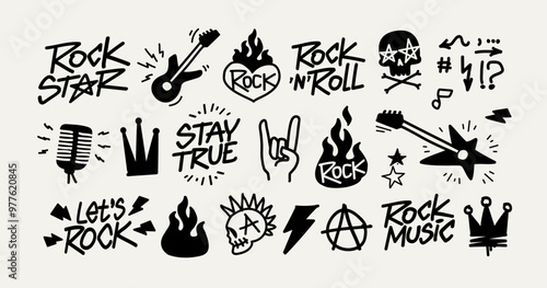 Rock Music Doodle Elements Vector Collection. Rock Party icons set of rockers guitar, skull, fire or flame, crown etc for print fabric pattern. Street art style