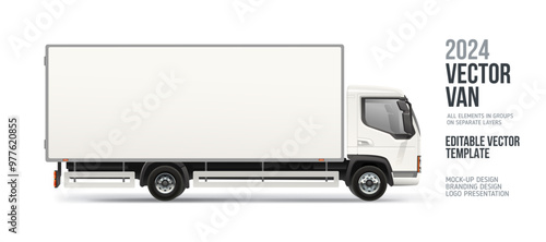 Long Delivery Box Truck Side view on white background. White Cargo Van with space for text or your branding design - realistic editable vector. Horizontal blank for AD banner. Аdvertesment on vehicle