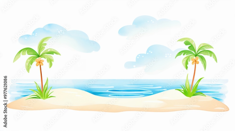 A serene beach scene featuring palm trees, soft sand, and calm ocean waters beneath a clear blue sky. A serene beach scene featuring palm trees, soft sand, and calm ocean waters beneath a clear blue sky.