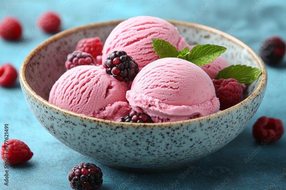 Delicious ice cream with berries in bowl on table, closeup. Delicious ice cream with berries in bowl on table, closeup.