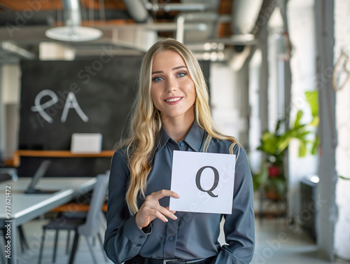 A woman is holding a white sign that says Q, photo