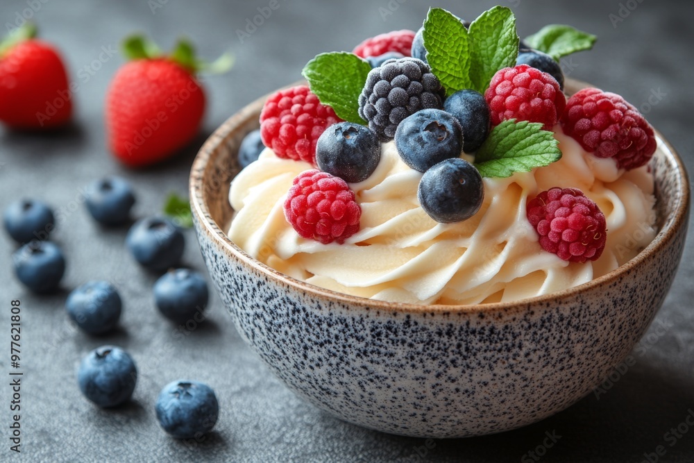 Delicious ice cream with berries in bowl on table, closeup. Delicious ice cream with berries in bowl on table, closeup.