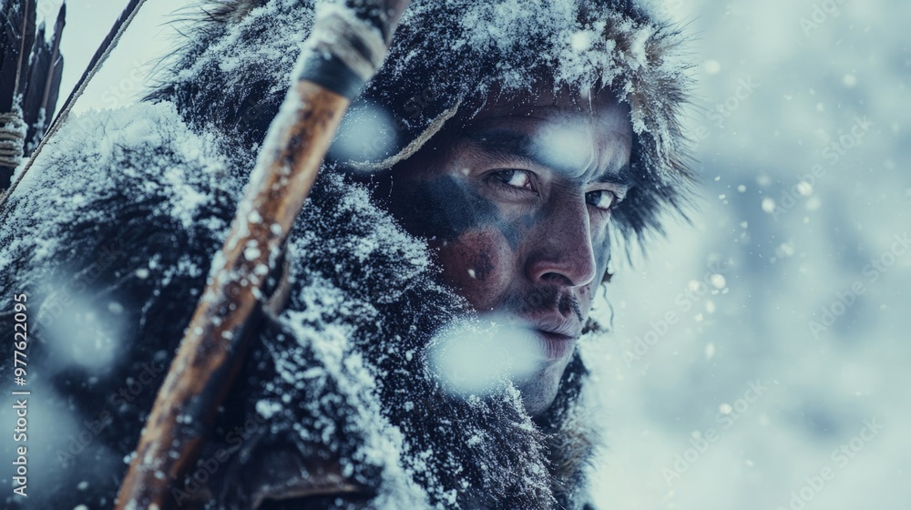 Close-up candid portrait of a northern tribesperson walking through the snow with a bow slung over their shoulder, their breath visible in the cold air Close-up candid portrait of a northern tribesperson walking through the snow with a bow slung over their shoulder, their breath visible in the cold air