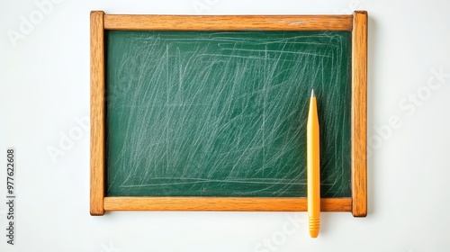 The teacher's pointer is positioned alongside a blank chalkboard ready for lessons photo