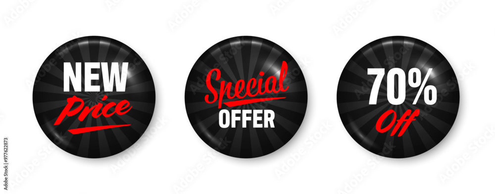 Obraz premium Realistic funky badges with text. Product promotion, sale. Special offer. Glossy round button. Pin badge mockup. Vector illustration