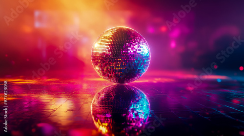 A colorful disco ball against a dark background, with light rays and reflections.