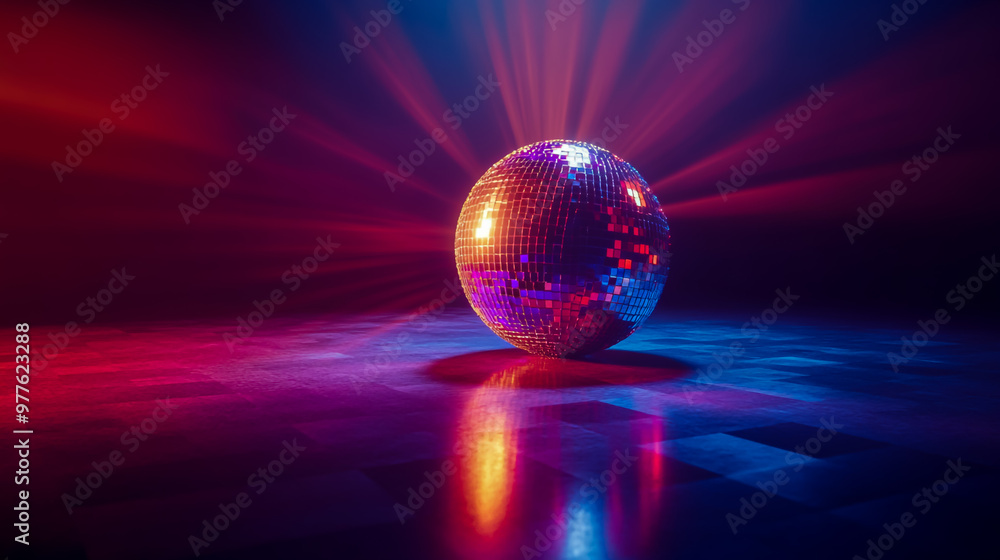 A colorful disco ball against a dark background, with light rays and reflections. A colorful disco ball against a dark background, with light rays and reflections.