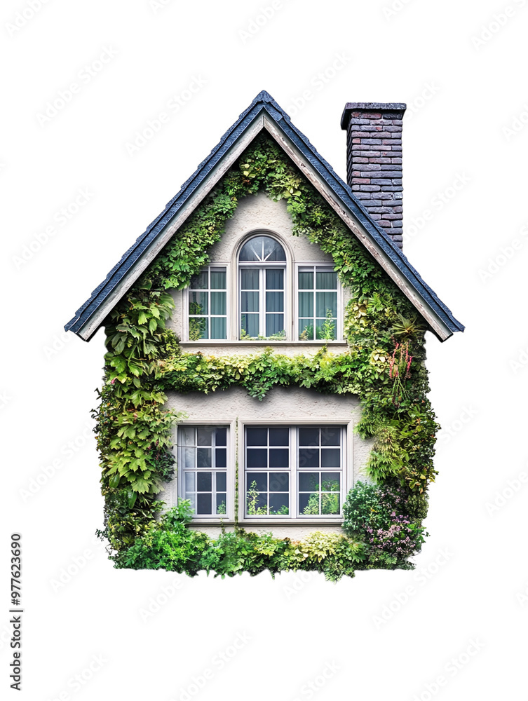 House covered with green plants on its facade, creating a natural and eco-friendly look on a white background. PNG transparent. House covered with green plants on its facade, creating a natural and eco-friendly look on a white background. PNG transparent.