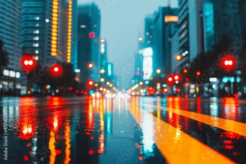 Dramatic cityscape at night, bright lights reflecting off wet streets, powerful lightning storm illuminating skyline, Sony Alpha a7 III style, cinematic glow